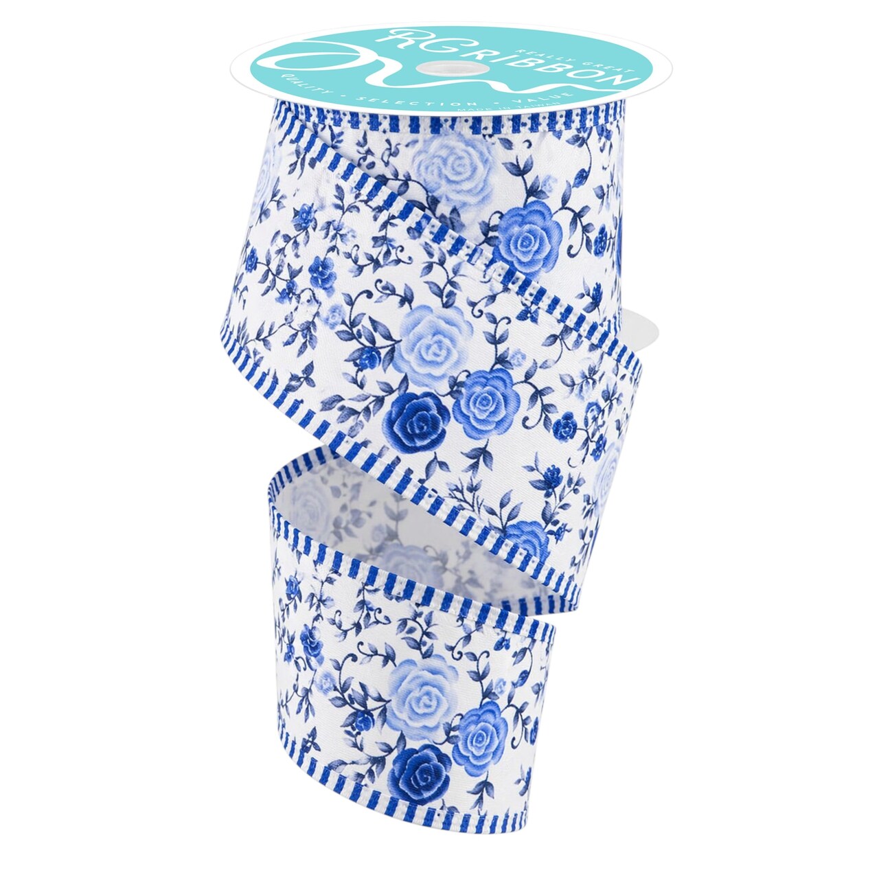 RG Ribbon: 2.5" Cottage Rose Ribbon with Wired Striped Edges, Blue and White for Bows, Wreaths, Crafts and Decorations - Flowers, Spring, Summer, Easter